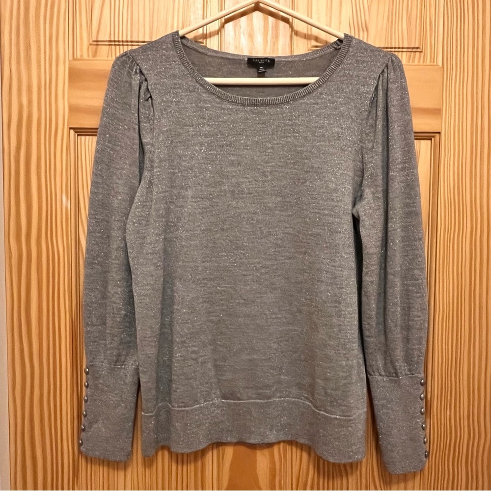 Talbots Metallic Silver Merino Wool Puff Sleeve Sweater, Women's Size M Petite
